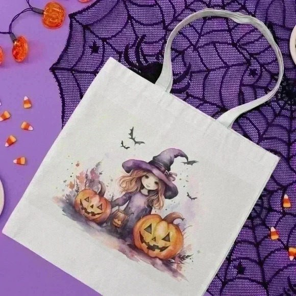 Little Witch Girl in Hat Halloween Canvas Tote Bag - Picture 1 of 2